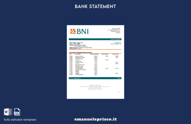 modello word di estratto conto bancario Indonesia Bank Negara Indonesia (BNI) in
